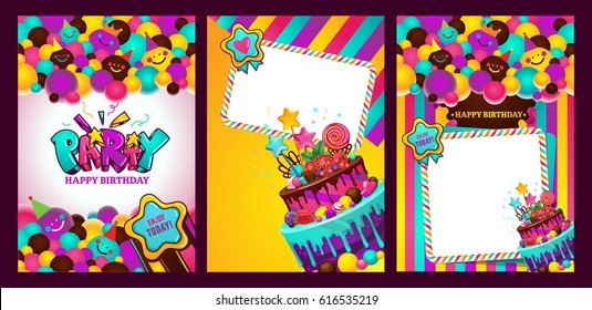 Greeting card with birthday balls of smileys and stripes. Happy birthday party vector illustration set