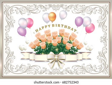 Greeting card for the Birthday with a bouquet of roses and balloons in a frame with an ornament.Vector illustration