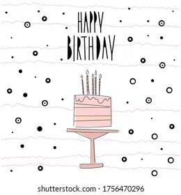 Greeting card with birthday. Cake with candles on a white background in pink with a black outline.