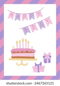 Greeting card with birthday cake and congratulating garland. Childish holiday illustration. Vector typographic illustration in textured flat style and candy colors isolated on white background