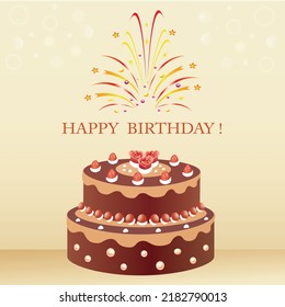 Greeting card with birthday cake and fireworks on  light background. Vector illustration