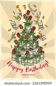 Greeting card with birthday cake made of roses, money rolls of 100 US dollar bills. Money gift. Concept of success and wealth. Good for birthday greetings, other holidays. Vintage backgound with rays