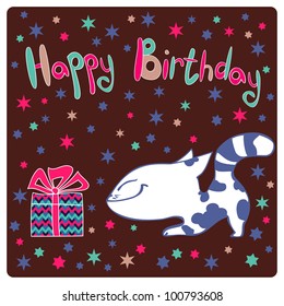 Greeting card with birthday cake and smiling happy cat. Background for celebrations, holidays.