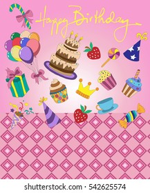 greeting card for birthday: cake, sweets, cupcakes, balloons, gifts, candy