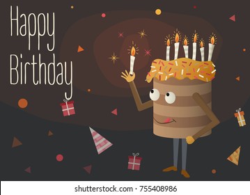 Greeting card. Birthday cartoon cake with  burning candles on own head, gifts and  festive hats around it .