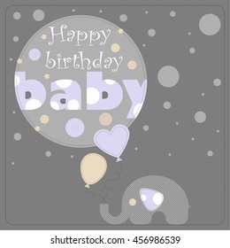 Greeting card for birthday child. Depicts an elephant holding balloons and gray circles of varying size. On the largest circle the phrase happy birthday baby. 