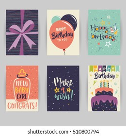 Greeting card, birthday, childbirth, invitation card. Baby, confetti, heart, star, peace, party, hello. Vector illustration easy editable for design.