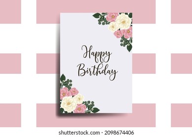 Greeting card birthday card Digital watercolor hand drawn Pink Mini Rose Flower Design Template