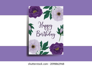 Greeting card birthday card Digital watercolor hand drawn Purple Peony Flower Design Template svg