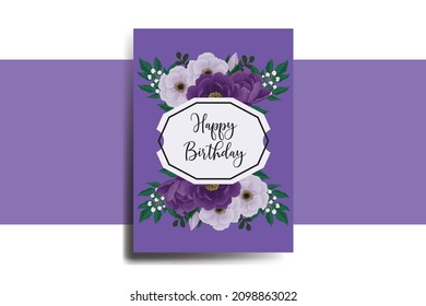 Greeting card birthday card Digital watercolor hand drawn Purple Peony Flower Design Template