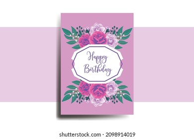 Greeting card birthday card Digital watercolor hand drawn Rose with Camellia Flower Design Template