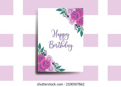 Greeting card birthday card Digital watercolor hand drawn Rose with Camellia Flower Design Template