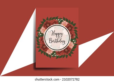 Greeting card birthday card Digital watercolor hand drawn Red Peony with Pink Camellia Flower Design Template
