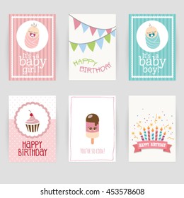 Greeting card, birthday, invitation card. Baby, confetti, heart, star, peace, ice, cream, cake, party,  hello. Vector illustration easy editable for design.