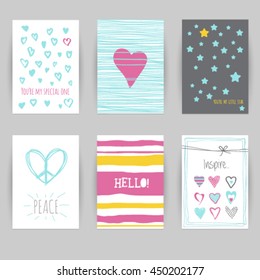 Greeting card, birthday, invitation card. Confetti, heart, star, peace, hello. Vector illustration easy editable foe design.