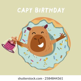 Greeting card or birthday invitation in hand drawn style with cute capybara, with donut and cake.  Funny capybara character. Vector templates for party, event, hand drawn.