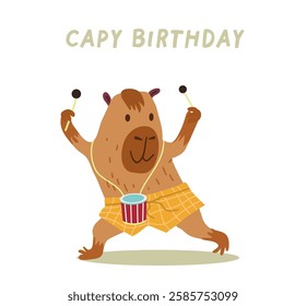 Greeting card or birthday invitation in hand drawn style with cute capybara, with drum.  Funny capybara character. Vector templates for party, event, hand drawn.