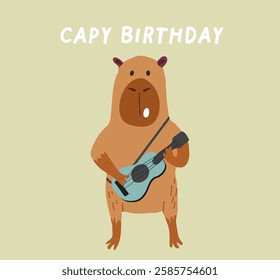 Greeting card or birthday invitation in hand drawn style with cute capybara, with guitar, ukulele.  Funny capybara character. Vector templates for party, event, hand drawn.