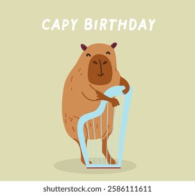 Greeting card or birthday invitation in hand drawn style with cute capybara, with harp.  Funny capybara character. Vector templates for party, event, hand drawn.