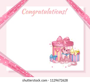 Greeting card for the birthday of the little princess. Pink background, pink ribbon in polka-dot holds corners of a paper sheet, a cat with gift boxes. Vector cartoon template.