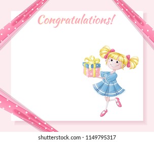 Greeting card for the birthday. Pink background, pink ribbon in polka-dot holds corners of a paper sheet, blonde girl in blue dress carries a gift box. Vector cartoon template.