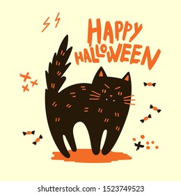  Greeting card with black cat .Halloween party invitations or greeting cards with handwritten calligraphy and traditional symbols. Happy Halloween.Flat design.Vector illustration