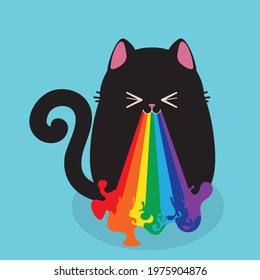 Greeting card with black cat throwing up rainbow illustration.