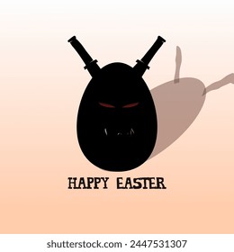 greeting card black Easter egg ninja with swords behind his back and the inscription Happy Easter. This is a gift option for the enemy. red eyes on a dark background.