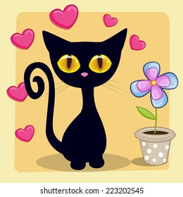 Greeting card Black kitten with heart and flower 