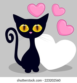 Greeting card Black kitten with hearts 