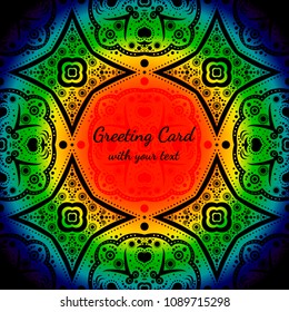 Greeting card with black pattern and rainbow color background. Vector invitation with place for text. Bright card template for banner, brochure poster. Square vector card layout