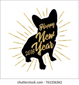 Greeting card with black silhouette of the dog-symbol of 2018-with the golden inscription Happy New Year on a white background. Retro style. Vector illustration for flyers, posters, banners.