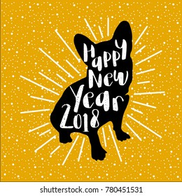 Greeting card with black silhouette of the dog-symbol of 2018-with the white inscription Happy New Year on a gold background. Retro style. Vector illustration for flyers, posters, banners.