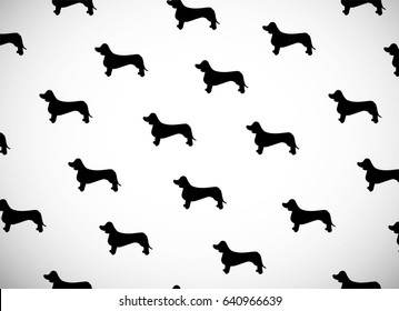 Greeting card with black silhouettes of dog. Breed dachshund. Can be used for wallpaper, pattern fills, greeting cards, webpage backgrounds, wrapping paper and textile or fabric. Vector illustration.