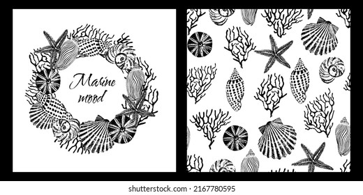 Greeting card from black and white marine seamless pattern of corals, shells, starfish. Postcard concept with place for text and seamless pattern.