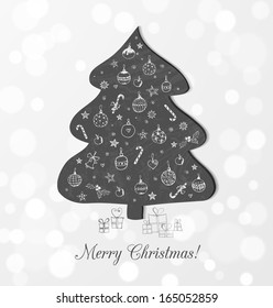 Greeting  card with blackboard Christmas tree and hand-drawn decorations on it. Vector illustration. Xmas card. 