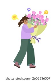 Greeting card. black-haired African American girl with a bouquet of bright flowers in his hands. Vector, bright, positive illustration. Greeting card