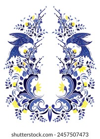 Greeting card. Bloo. Vintage floral illustration. Blue and white with bird