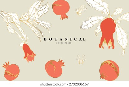 Grußkarte. Blüte. Chinoiserie. Horizontaler Rahmen. Vintage goldene Linie florale Illustration. 