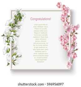 Greeting card with blooming flowers, 'Congratulation' wording and place for your text. Vector illustration