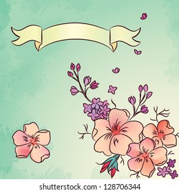 Greeting card with blooming flowers, vintage background