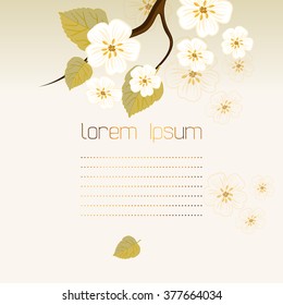 Greeting card with blooming spring trees. Flowering branches of apple tree.