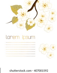 Greeting card with blooming spring trees. Flowering branches of apple or cherry tree.