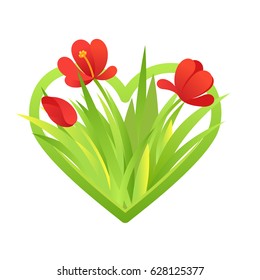 Greeting card with blooming tulip flowers in a heart shaped frame isolated on white background. Vector illustration EPS10