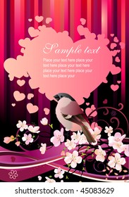 Greeting card with blossoming tree and bird