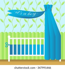 Greeting card with blue baby bed.Vector illustration of baby bed in interior