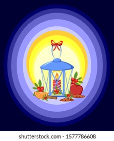 Greeting card with blue candle lantern, orange, apple, biscuits, cinnamon, holly berry. Vector illustration for postcard, poster, banner  christmas style.