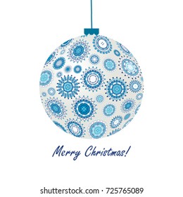 Greeting card with  blue Christmas ball made of snowflakes