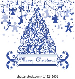 Greeting card with blue christmas tree