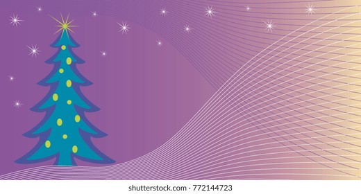 Greeting card with a blue Christmas tree on a lilac beige gradient
